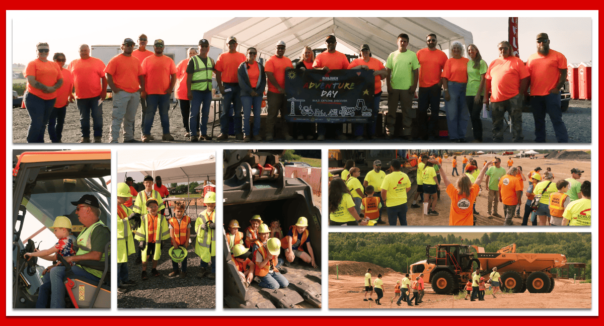 Schlouch Adventure Day collage showing employees, children, and construction equipment activities